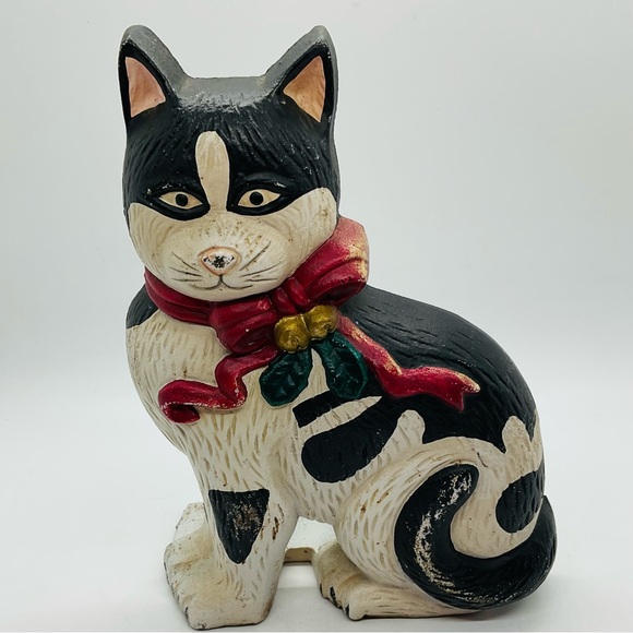 Vintage Cast Iron Doorstop Christmas Black & White Cat Farmhouse Kitchen Taiwan. - Picture 10 of 10